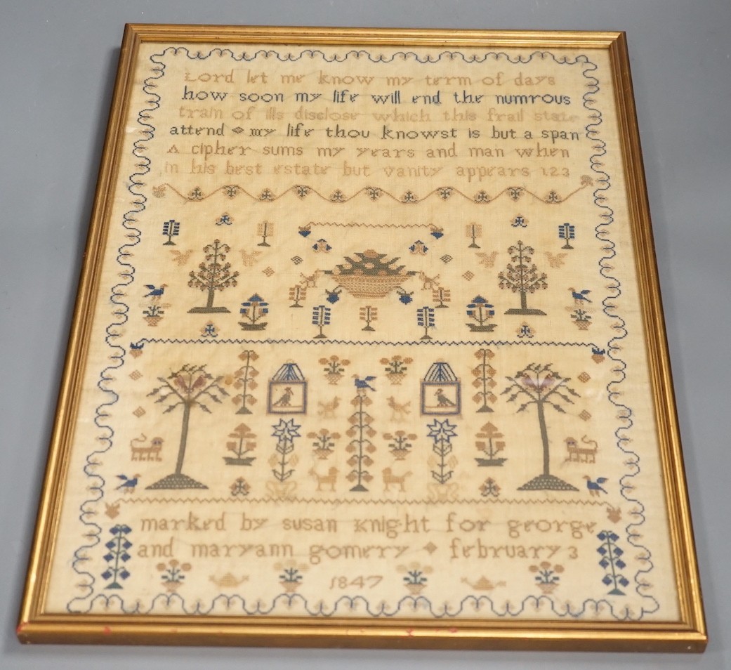 A framed Victorian sampler, worked by Susan Knight 1847, 41 x 31cm